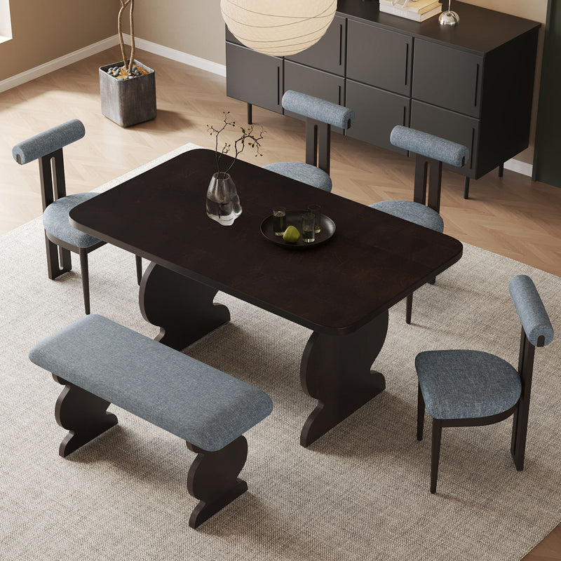 Mid-Century Modern Table Set For 6 Persons With 4 Chairs And Bench, Padded Seats And Backrest