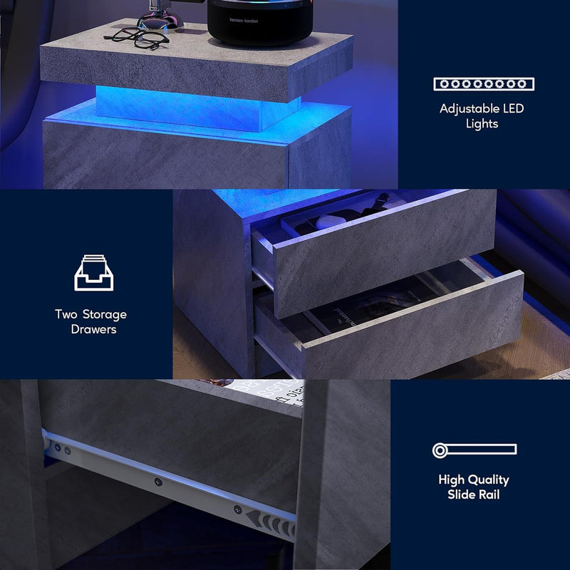 Nightstand LED, Bedside Table Cabinet With 2 Drawers For Bedroom