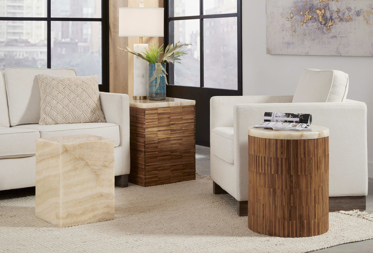 One - Stone Wood Tile Round End Table - Onyx And Solid Teak