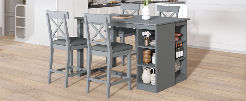 Solid Wood Farmhouse Counter Height Dining Table Set With 3 Tier Storage Shelves
