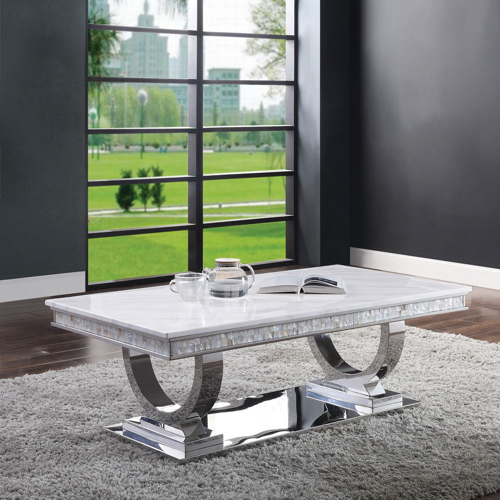 Zander - Coffee Table - White Printed Faux Marble Top & Mirrored Silver - Urban Living Furniture (Los Angeles, CA)
