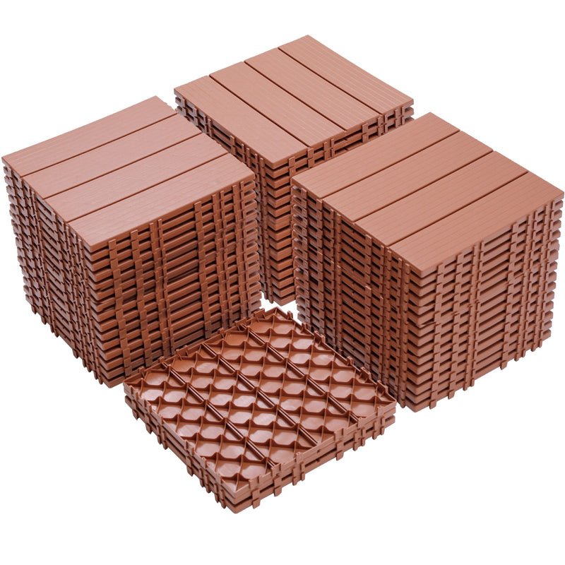 Plastic Interlocking Deck Tiles, Patio Flooring Outdoor Waterproof All Weather Use For Garden Poolside Front / Back Yard (Set of 44) - Mahogany