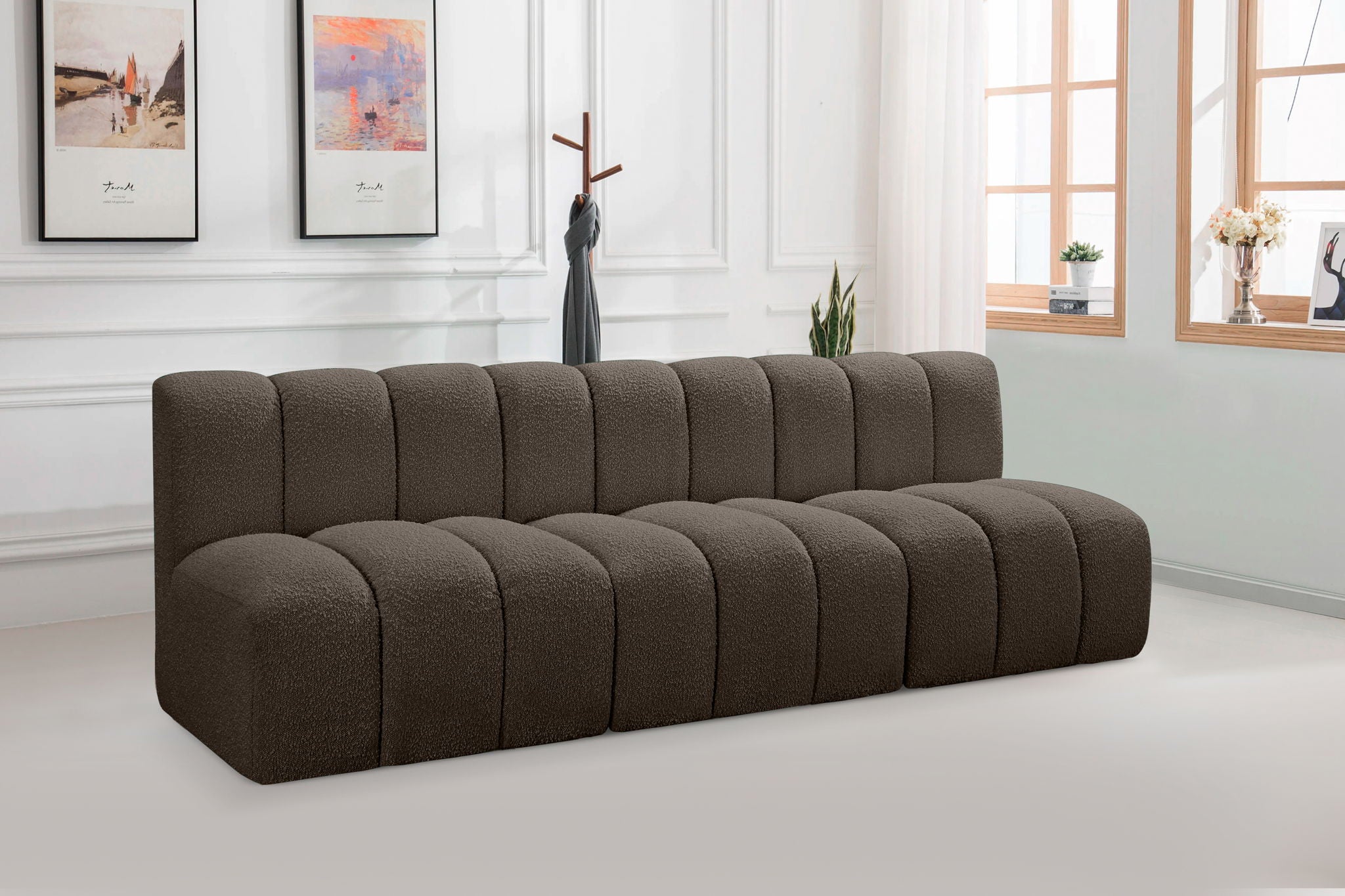 Arc - Boucle Fabric 3 Piece Modular Straight Sofa - Brown