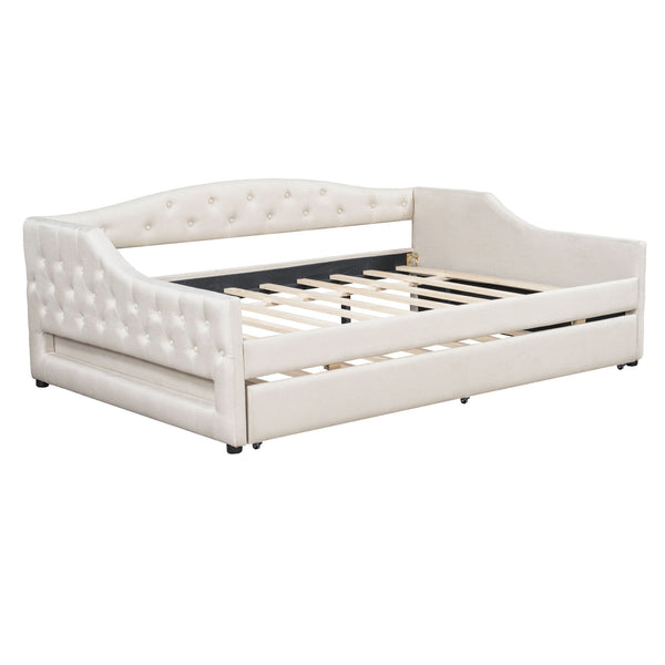 Full Long Size Daybed With LED Belt And Trundle - Beige