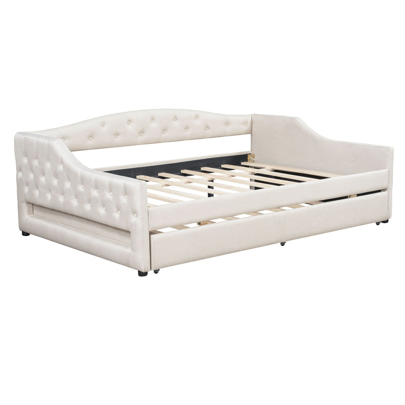 Full Long Size Daybed With LED Belt And Trundle - Beige