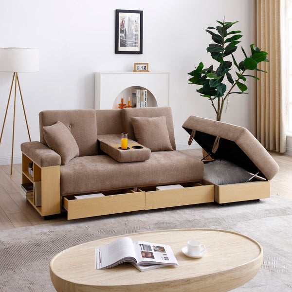 Convertible Sleeper Sofa Couch, Multifunctional Double Folding Sofa Bed, Storage Ottoman And Sofa Arm With Box And Drawer, Drop Down Table With 2Cup Holders For Living Room, Apartment, Office - Light Brown