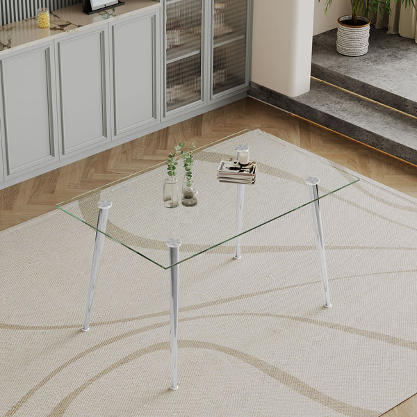 Thick Tempered Glass Top Dining Table & Stainless Steel Legs - Silver