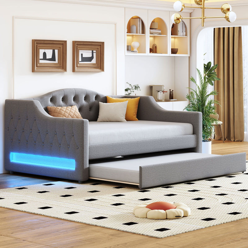 Full Long Size Daybed With LED Belt And Trundle - Gray