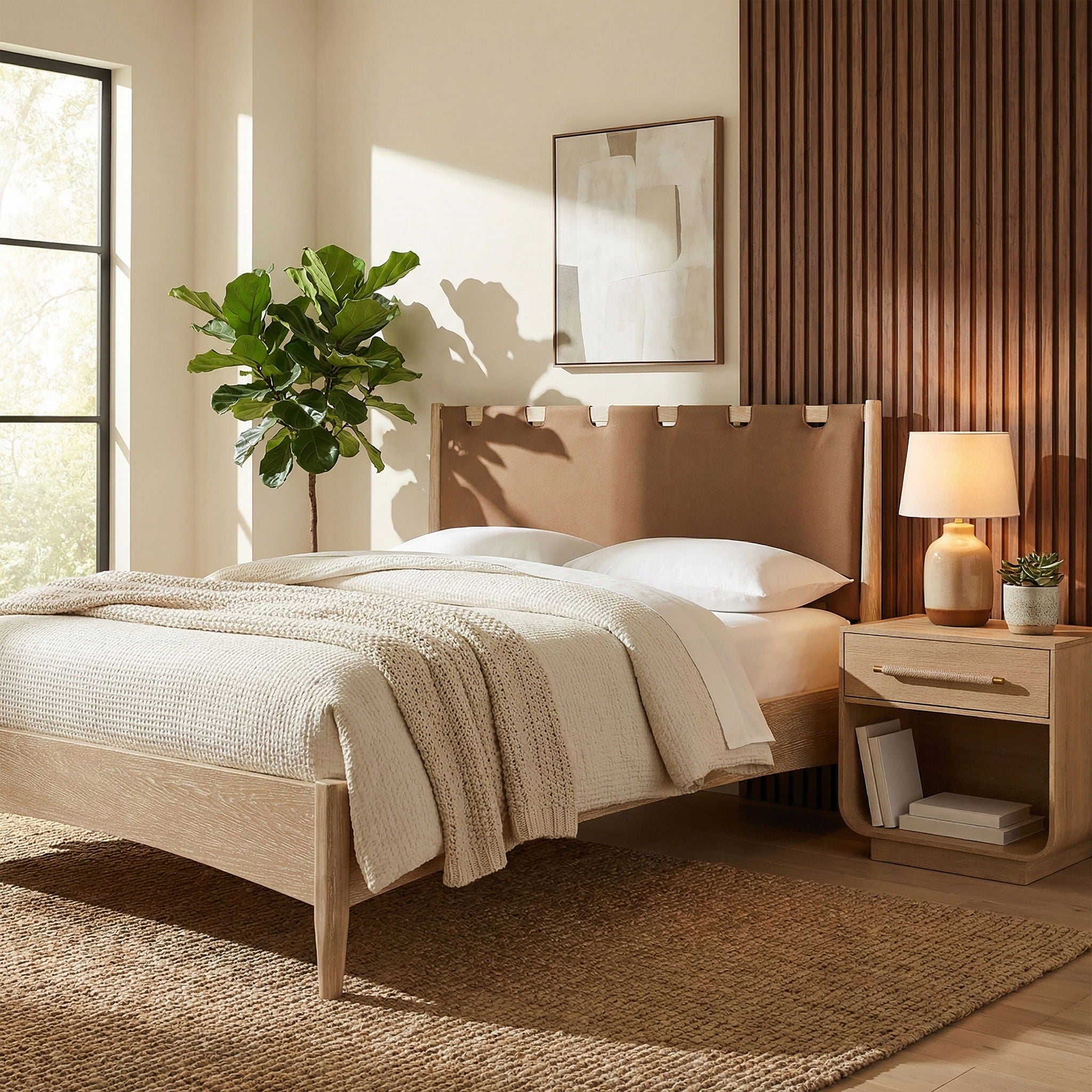 Santos - Vegan Leather Headboard And Wood Bed - Waxed Natural Frame - Urban Living Furniture (Los Angeles, CA)