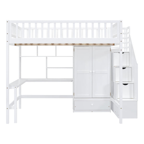 Loft Bed With Bookshelf, Drawers, Desk, And Wardrobe