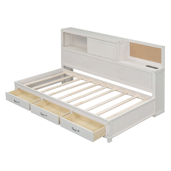 Twin Size Daybed With 3 Storage Drawers, Upper Soft Board, Shelf, And A Set Of Sockets And USB Ports - White