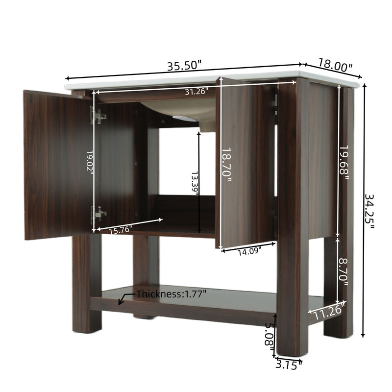 36" Modern Bathroom Vanity With Rectangle Ceramic Sink, Bathroom Cabinet And 45 Degrees Free Handle Design Soft Closing Doors, 1 Open Shelf At The Bottom - Dark Brown