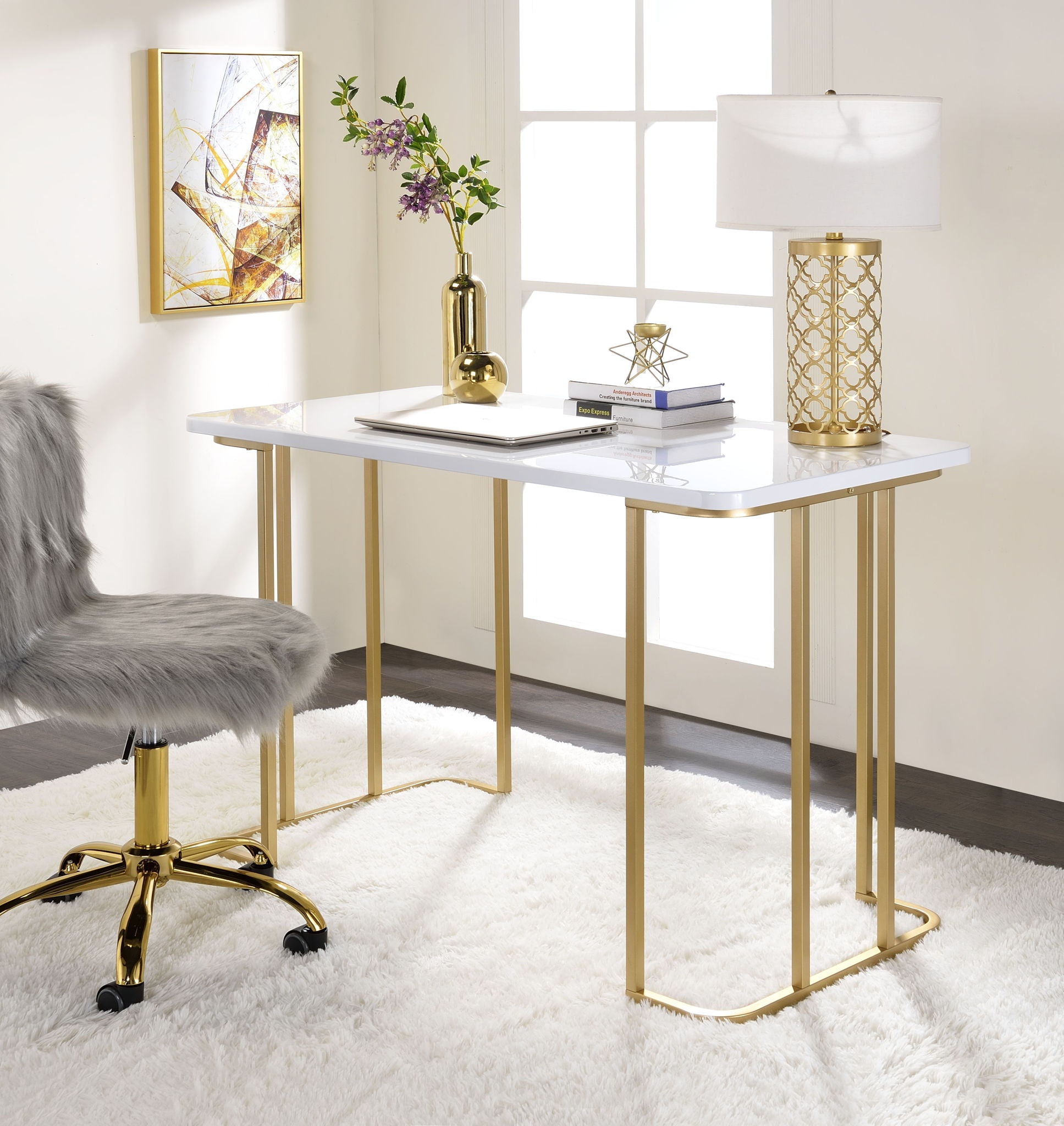 Estie - Vanity Desk (Same 93102) - White & Gold - Urban Living Furniture (Los Angeles, CA)