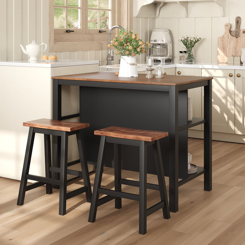 Rustic 3 Piece Stationary Kitchen Island Set With 2 Seatings, With 2 Open Shelves