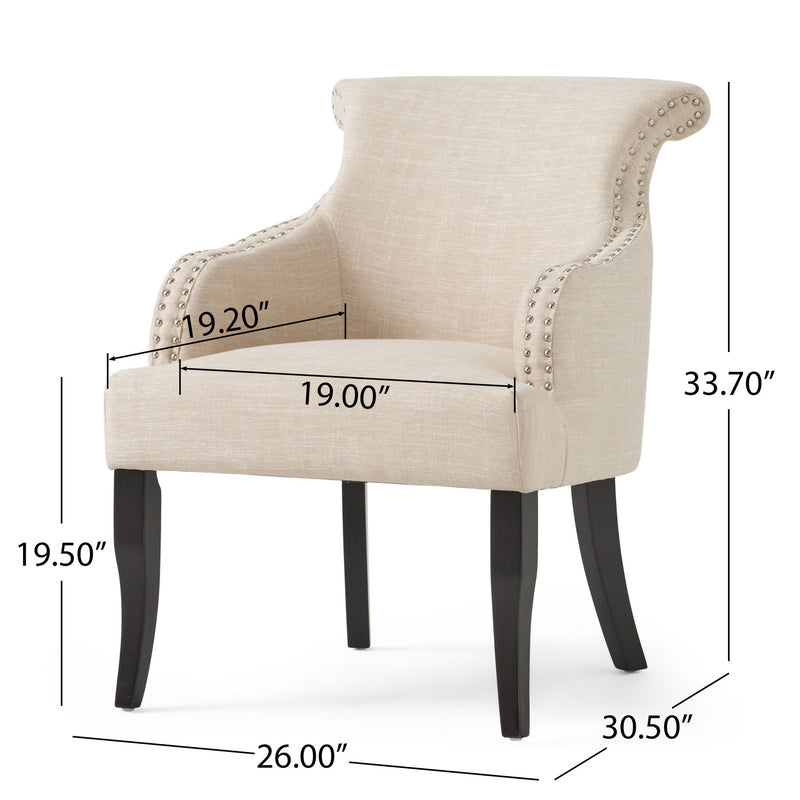Upholstered Armchair With Rolled Back, Tapered Legs And Nailhead Trim - Light Beige