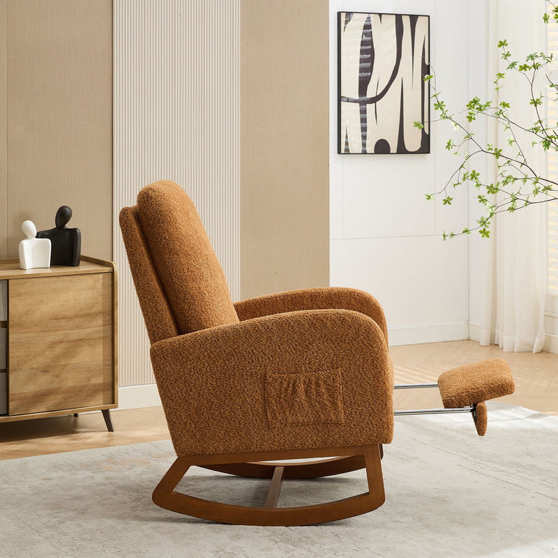 Rocking High Back Glider Chair With Retractable Footrest, Side Pocket