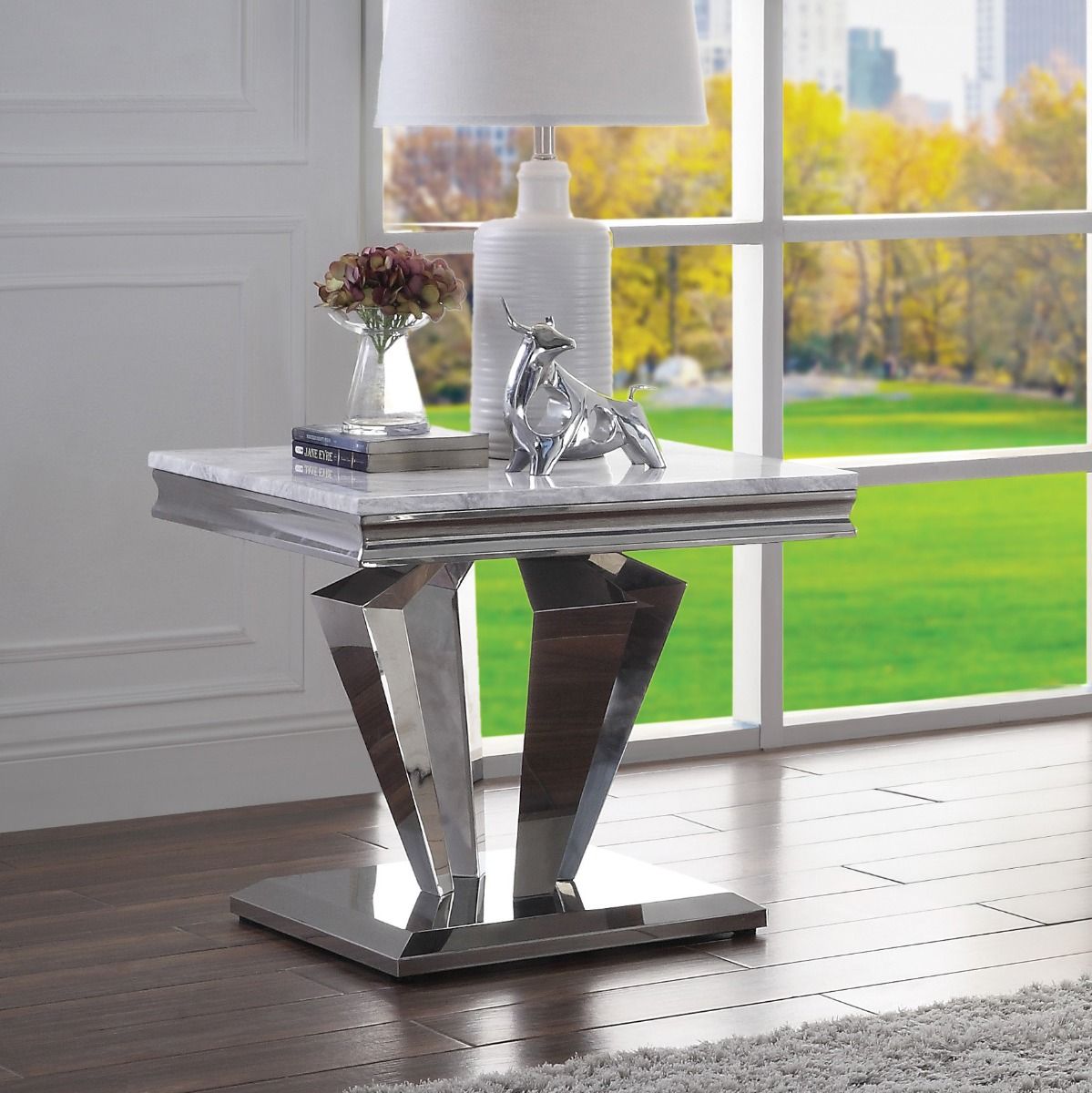 Satinka - End Table - Light Gray Printed Faux Marble Top & Mirrored Silver - Urban Living Furniture (Los Angeles, CA)