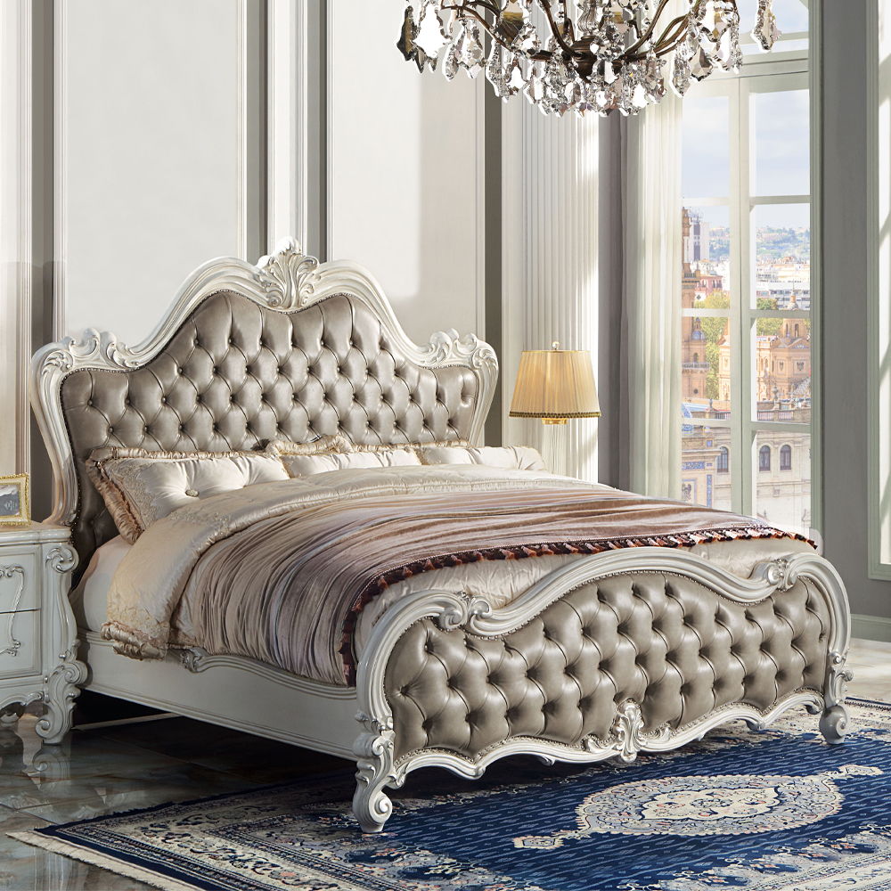 Versailles II - Queen Bed - Vintage Gray Synthetic Leather & Bone White - Urban Living Furniture (Los Angeles, CA)