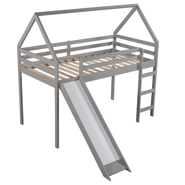 Twin Size House Loft Bed With Slide - Gray