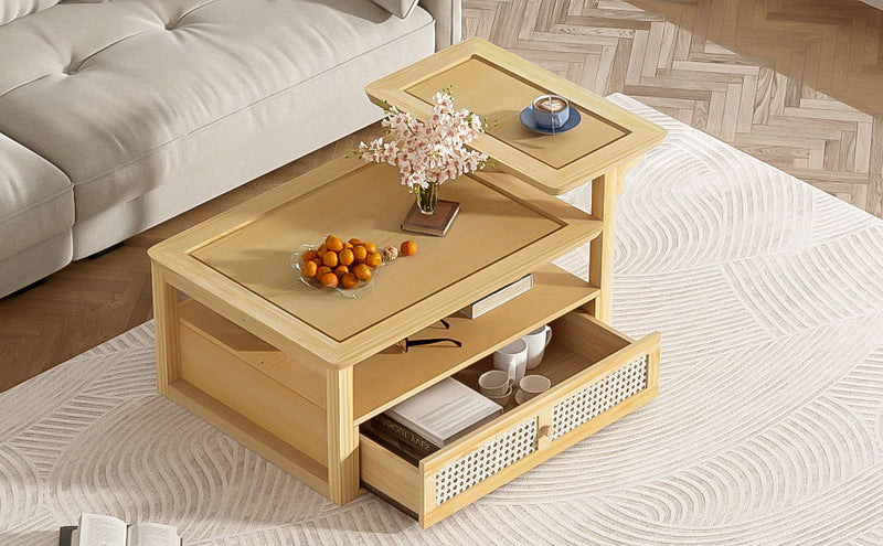 Coffee Table With 1 Storage Shelf, 2 Tabletops And 1 Rattan Drawer