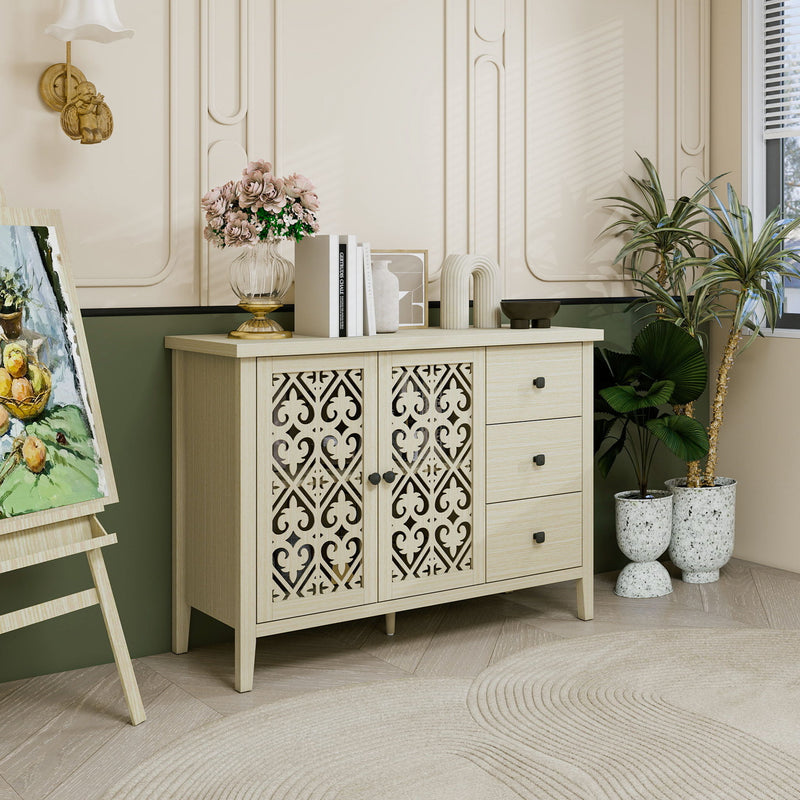 Hollowed Out Cabinet With 2 Door 3 Drawers, American Furniture, Suitable For Bedroom, Living Room, Study - Natural