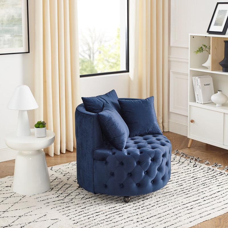Modern Upholstered Swivel Chair With Button Tufted Design And Movable Wheels