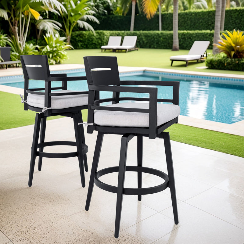 Modern Outdoor Swivel Bar Chairs, 360 Degree Rotation, Ergonomic Backrest, Armrests & Sunbrella Cushions, Weather Resistant (Set of 2) - Ember Black