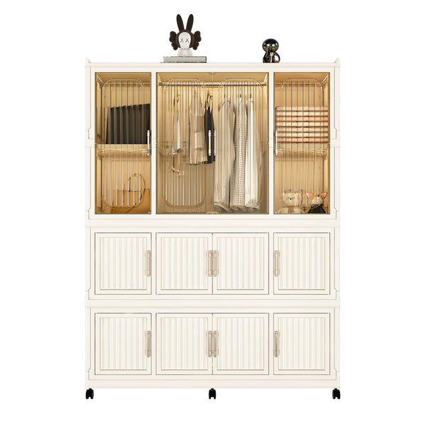 Portable Wardrobe Closet Storage Organizer With 12 Magnetic Doors, 12 Cubes & Hanging Rod - White