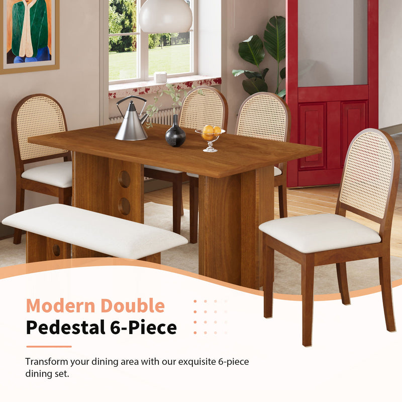 Modern Double Pedestal 6 Piece Dining Table Set, 4 Upholstered Rattan Back Dining Chairs And Bench