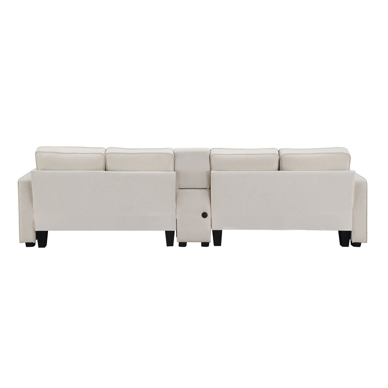 Upholstered Sofa With Console, 2 Cupholders And 2 USB Ports Wired Or Wirelessly Charged, Modern Linen Fabric Couches With 4 Pillows For Living Room, Apartment (4-Seat) - Urban Living Furniture (Los Angeles, CA)