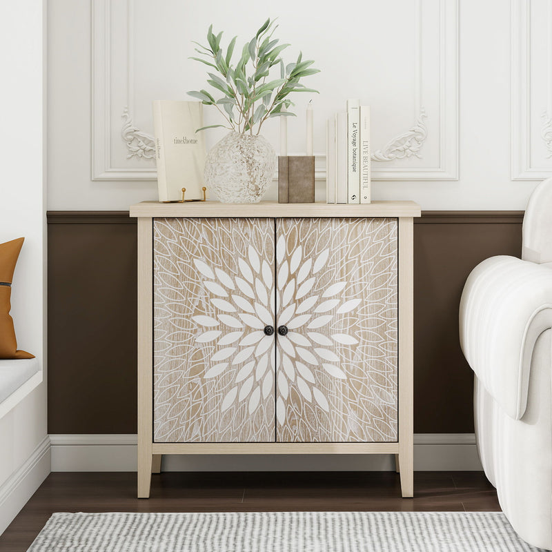 2 Door Carved Storage Cabinet With Adjustable Shelf, Accent Furniture
