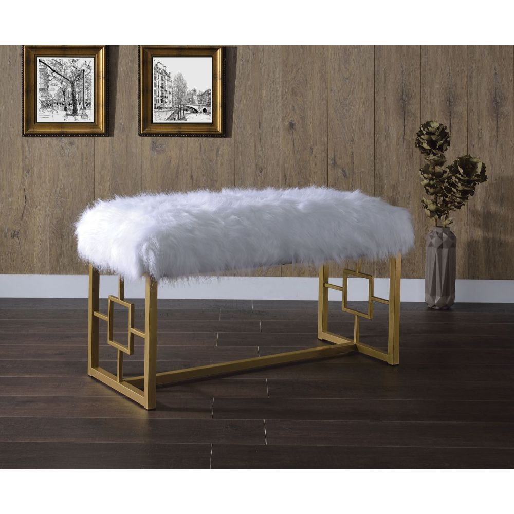 Bagley II - Bench - White Faux Fur & Gold - 21" - Urban Living Furniture (Los Angeles, CA)