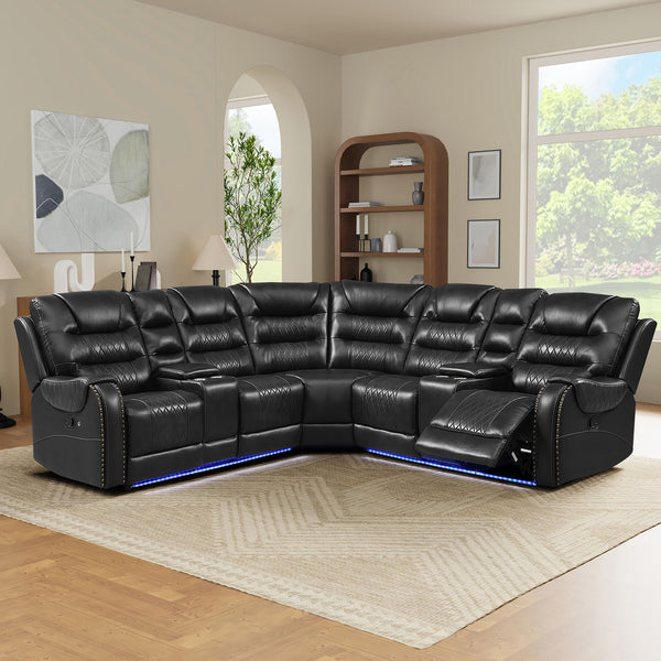 Manual Reclining Sectional Sofa Set, L Shaped Symmetrical Motion Sofa Corner Couch Sets With Storage Boxes, 4 Cup Holders And LED Light Strip For Living Room