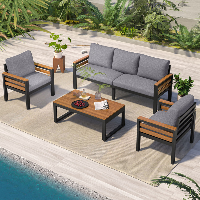 4 Piece Outdoor Furniture Sofa Set For 5 People With Acacia Wood Armrests, Removable Cushion