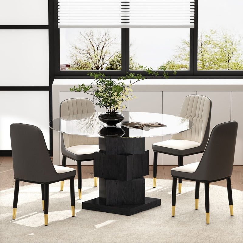 Wood Pedestal Round Dining Table Tempered Glass Top - Black