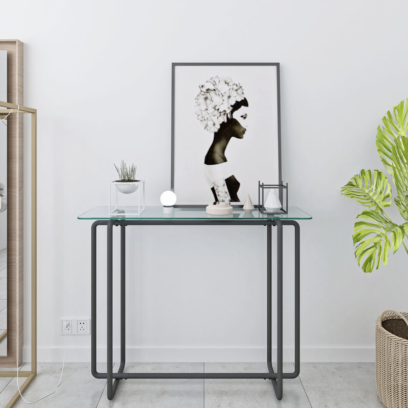 Console Table Single Layer Tempered Glass Rectangular Porch Table Black Leg Double Tempered Glass Tea Table