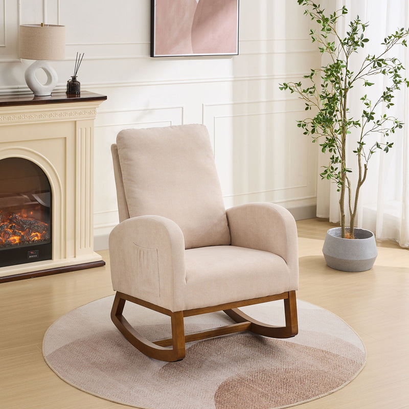 Rocking Chair For Nursery, Polyester Glider Chair With High Back And Side Pocket, Rocking Accent Armchair With Rubber Wood Legs For Living Room / Bedroom - Beige
