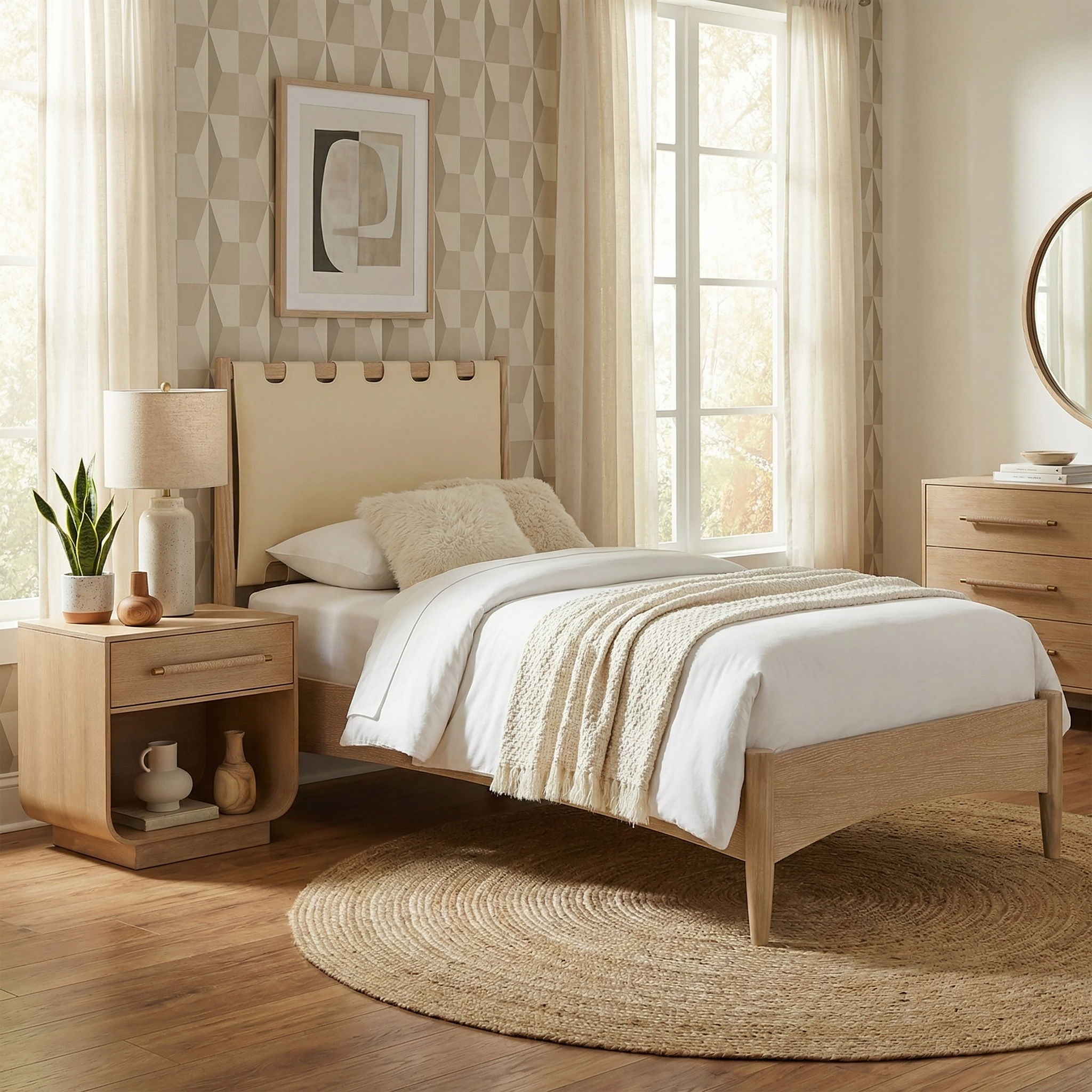 Santos - Vegan Leather Headboard And Wood Bed - Waxed Natural Frame - Urban Living Furniture (Los Angeles, CA)