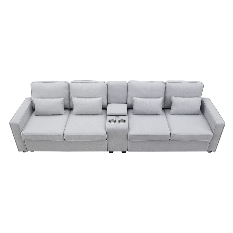 Upholstered Sofa With Console, 2 Cupholders And 2 USB Ports Wired Or Wirelessly Charged, Modern Linen Fabric Couches With 4 Pillows For Living Room, Apartment (4-Seat) - Urban Living Furniture (Los Angeles, CA)
