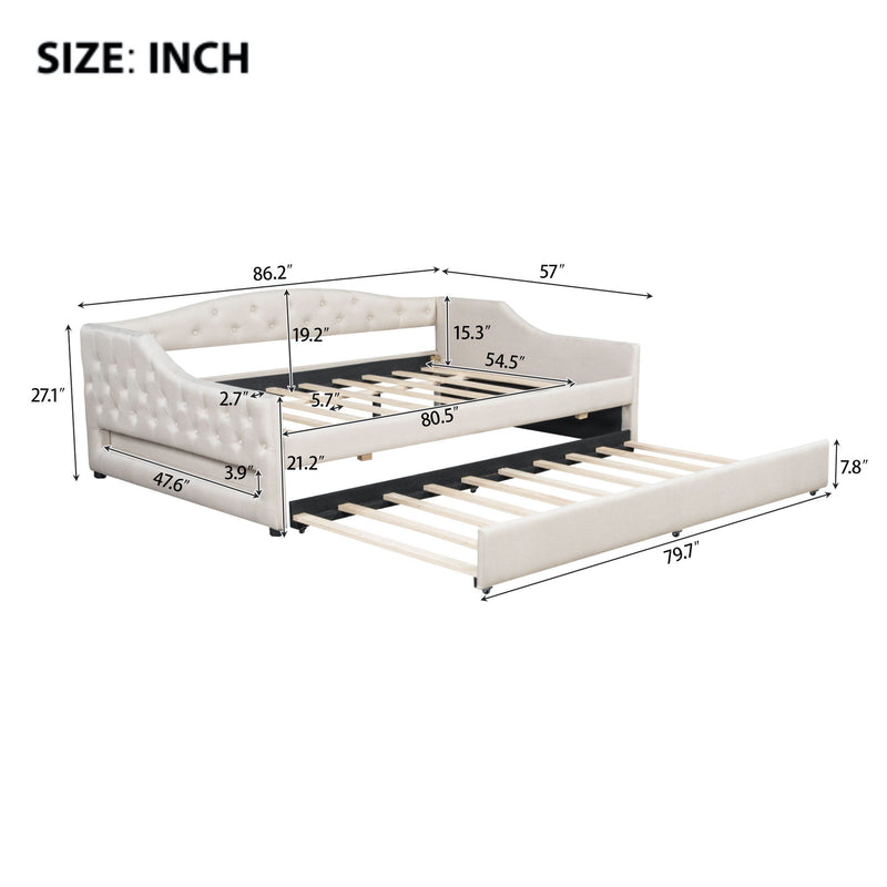 Full Long Size Daybed With LED Belt And Trundle - Beige