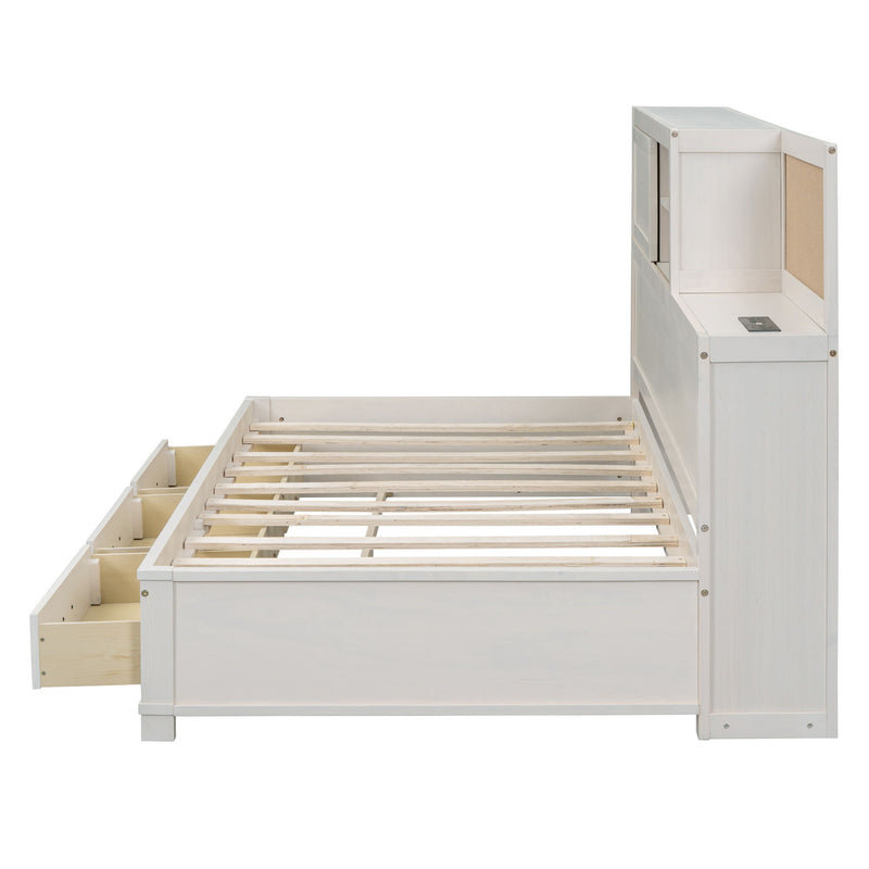 Twin Size Daybed With 3 Storage Drawers, Upper Soft Board, Shelf, And A Set Of Sockets And USB Ports - White