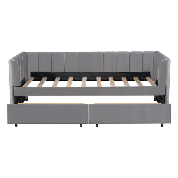 Twin Size Upholstered Daybed With Ergonomic Design Backrest And 2 Drawers - Gray