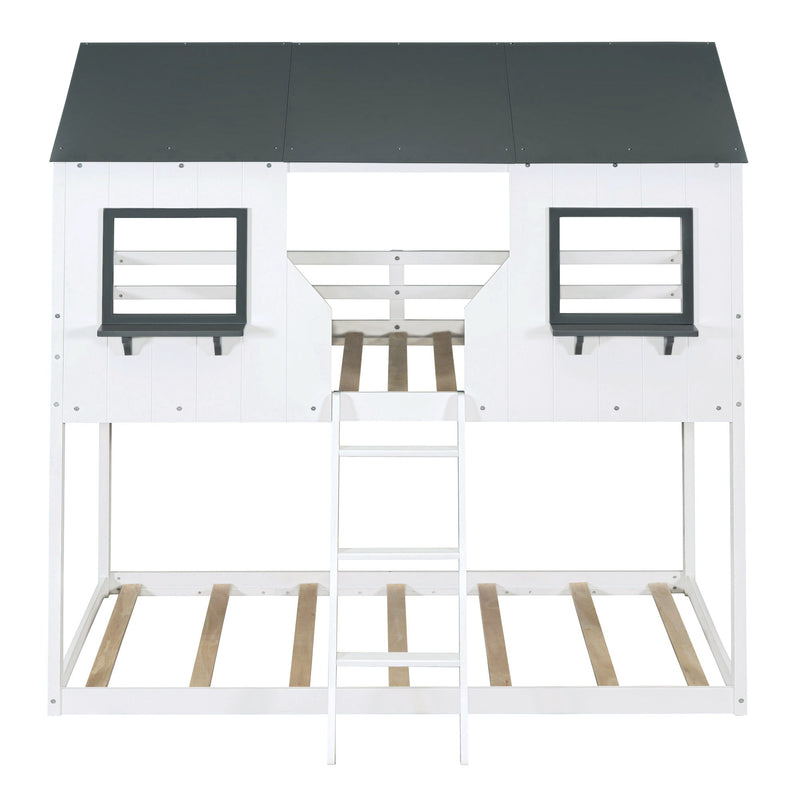 Twin Over Twin Bunk Bed Bed With Roof, Window, Guardrail, Ladder - White