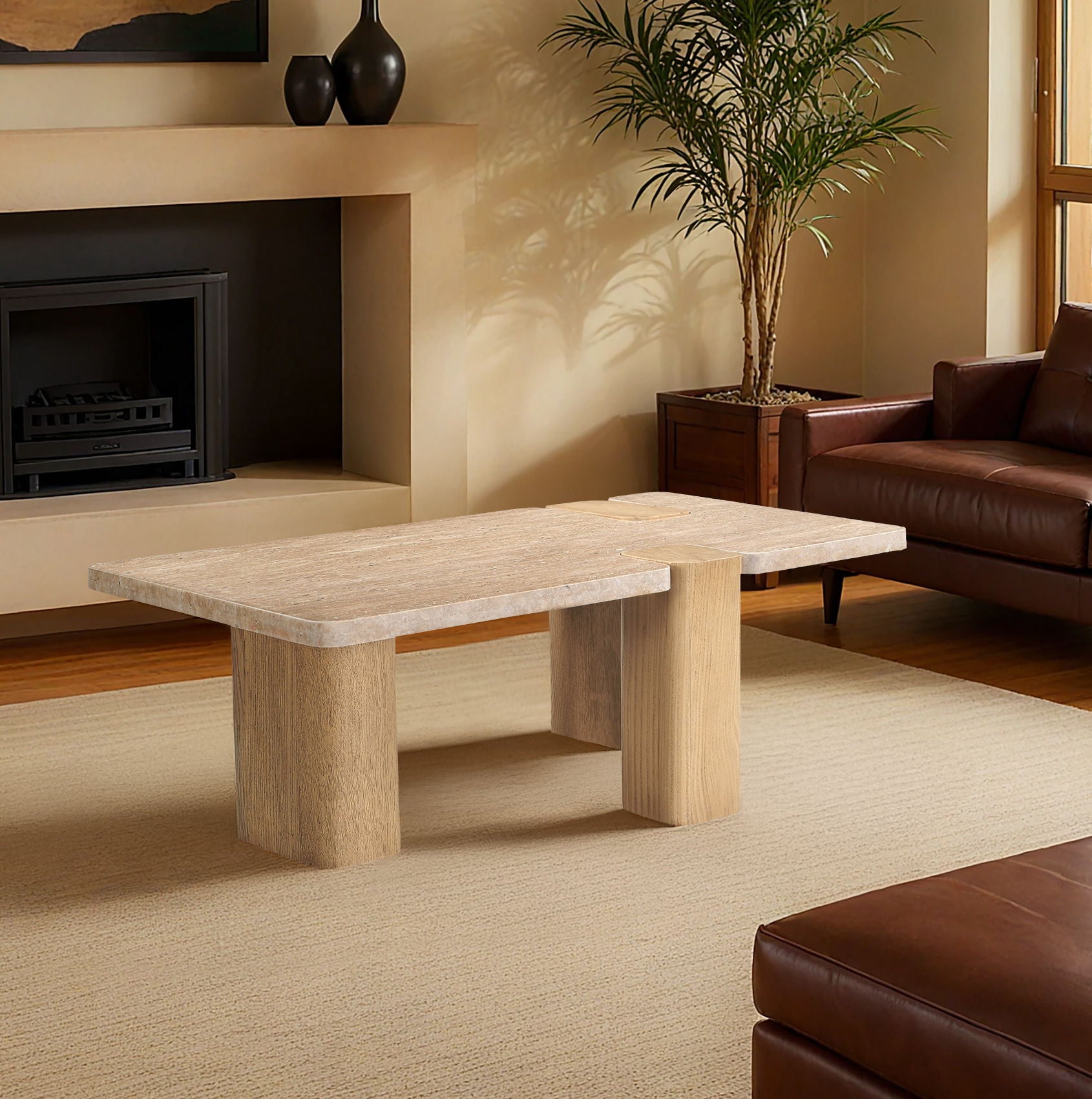Ravenna - Genuine Fabric Travertine And Oak Wood Table - Urban Living Furniture (Los Angeles, CA)
