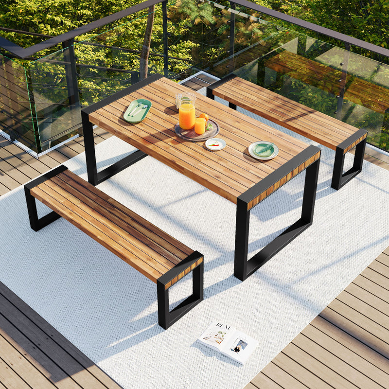 3 Pieces Outdoor Dining Table & 2 Benches, Patio Dining Set With Unique Top Texture, Acacia Wood Top & Steel Frame, All Weather Use, For Outdoor & Indoor - Natural