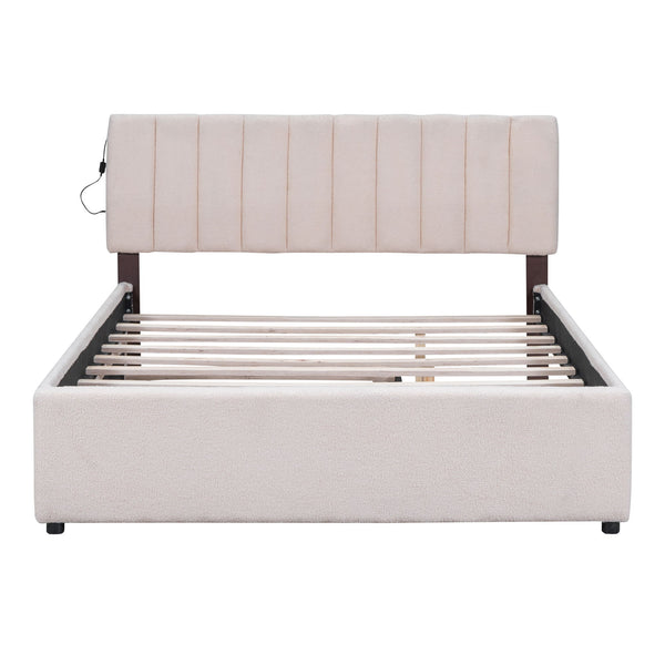 Queen Size Upholstered Platform Bed With Twin Long Trundle - Beige