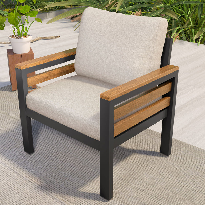 4 Piece Outdoor Furniture Sofa Set For 5 People With Acacia Wood Armrests, Removable Cushion