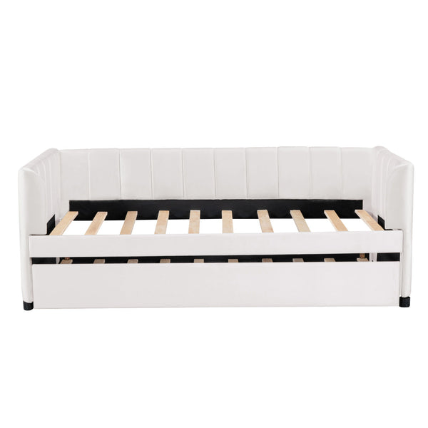 Twin Size Upholstered Daybed With Ergonomic Design Backrest And Trundle - Beige