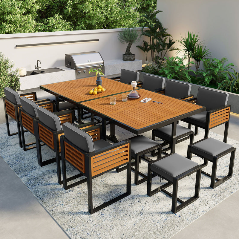 Acacia Wood Patio Dining Set, Cushioned Chairs & Ottomans Square Table