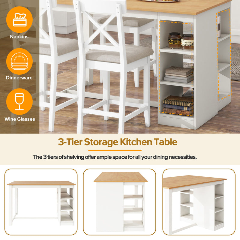 Solid Wood Farmhouse Counter Height Dining Table Set With 3 Tier Storage Shelves